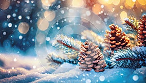 Christmas winter blurred background. Xmas tree with snow decorated with garland lights, holiday festive background. Widescreen