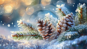 Christmas winter blurred background. Xmas tree with snow decorated with garland lights, holiday festive background. Widescreen