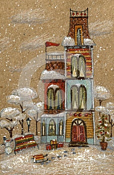 Christmas winter card with victorian house with trees, snow, bench.