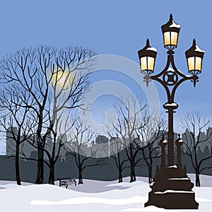 Christmas Winter Cityscape with luminous street lamp, snow flake