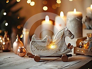 Christmas winter composition. toy rocking horse