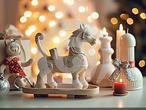 Christmas winter composition. toy rocking horse