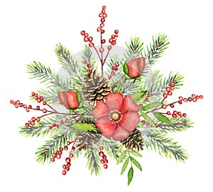 Watercolor Christmas bouquet with spruce, pinecones, red flowers