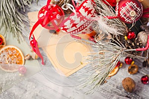 Christmas winter decoration on rustic white wooden background