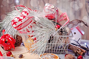 Christmas winter decoration on rustic white wooden background