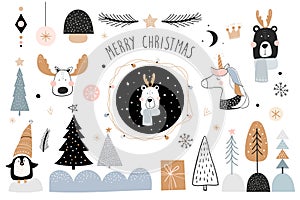 Christmas winter elements collection isolated, cute animals,  seasonal design