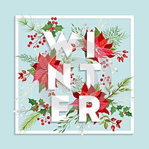 Christmas Winter Floral Card, Poinsettia Vector New Year brochure. Holiday Party greeting banner template