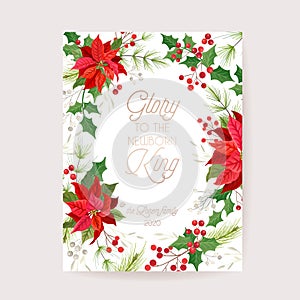 Christmas Winter Floral Card, Poinsettia Vector Wedding Invitation, Holiday Party greeting banner template
