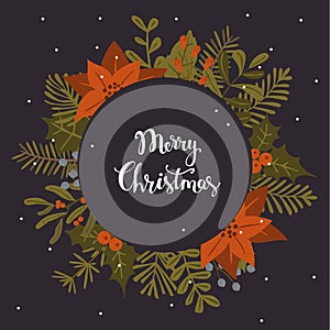 Christmas winter foliage plants, poinsettia flowers leaves branches, red berries circle round frame template on a dark background