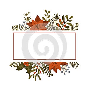 Christmas winter foliage plants, poinsettia flowers leaves branches, red berries frame template, isolated vector illustration xmas