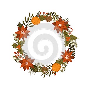 Christmas winter foliage plants, poinsettia flowers leaves branches, red berries wreath, isolated vector illustration