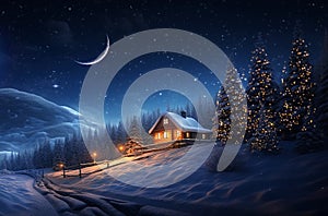 Christmas winter forest , blue night ,starry sky, full moon Christmas trees ,wooden cabin with light in windows,