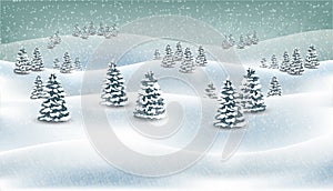 Christmas winter forest snowing landscape background. Vector illustration