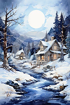 Christmas, winter forest with a village on the edge and a river, evening landscape. Watercolor drawing.