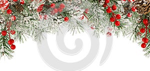 Christmas winter frame of green fir or spruce branches with snow, red berries and cones isolated on white background,