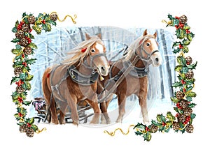 Christmas winter happy scene with frame - sleigh with two running horses