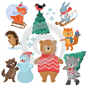 Christmas and winter holiday funny animals vector collection