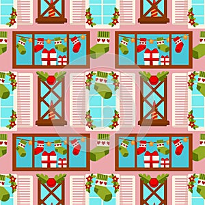 Christmas winter holiday gift stocking seamless pattern background vector New Year decoration house window greeting card