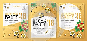 Christmas winter holiday party celebration poster or invitation card of golden decoration and gold gift present. Vector glittering
