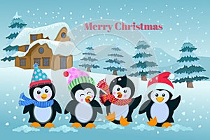 Christmas winter holidays background with cute cartoon penguins.