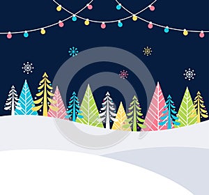 Christmas and Winter Holidays Events Festive Background with Snow, Trees and Christmas Lights. Vector Poster Template