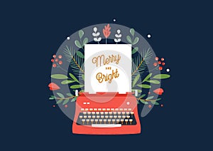 Christmas and Winter Holidays Theme Illustration of Red Typewriter and Green Ornament. Merry and Bright Sign. Vector