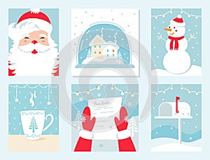 Christmas and Winter Holidays Vector Cards. Santa Claus, Snow Globe, Snowman, Letter to Santa and Mailbox.
