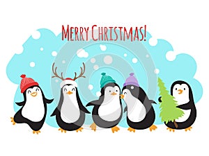 Christmas winter holidays vector greeting banner or background with cute cartoon penguins