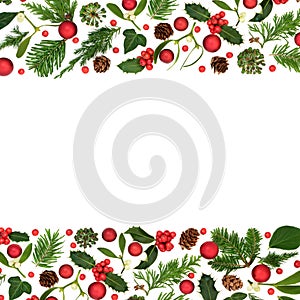 Christmas Winter Holly Flora Red Bauble Background Border