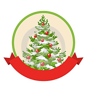 Christmas Winter Label Icon with Decoration Evergreen Tree