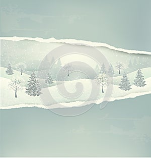 Christmas winter landscape background with ripped