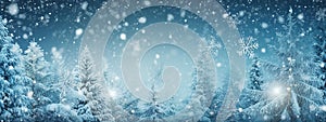 Christmas winter landscape background. Snow forest. Copy space. Illustration for web, poster, banner