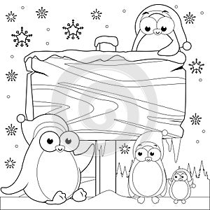 Christmas winter landscape with cute penguins and blank wooden sign. Vector black and white coloring page.