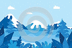 Christmas winter landscape, Cute scenery with blue color and flat style