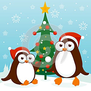Christmas winter landscape with penguins and Christmas tree. Vector illustration