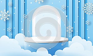 Christmas Winter landscape with product podium scene. winter holiday pedestal ice snow 3d rendering vector background with podium