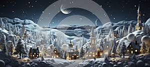 Christmas winter landscape with snow drifts, mountain village, deer, forest, pines, reindeer. Holiday nature background