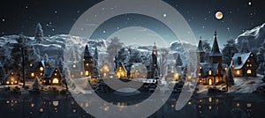 Christmas winter landscape with snow drifts, mountain village, deer, forest, pines, reindeer. Holiday nature background