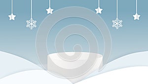 Christmas Winter landscape with snow drifts and product podium scene. Paper cut snow background. Vector illustration