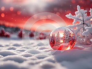 christmas winter landscape at sunset reflected on crystal ball seasonal snow background with copy space