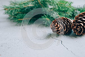 Christmas or winter, New Year background layout with fir tree branch and pine cones over gray