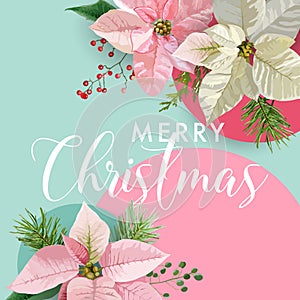 Christmas Winter Poinsettia Flower Banner, Graphic Background, Floral December Invitation, Flyer or Card