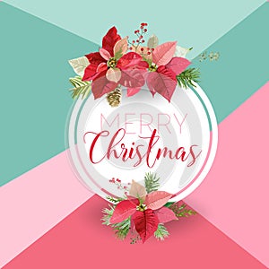 Christmas Winter Poinsettia Flower Banner, Graphic Background, Floral December Invitation, Flyer or Card. Modern Front Page