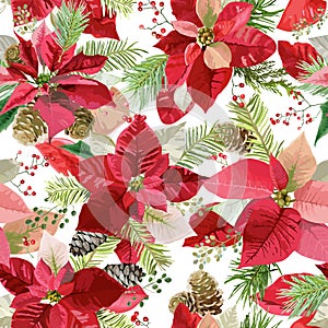 Christmas Winter Poinsettia Flowers Seamless Background, Floral Pattern Print