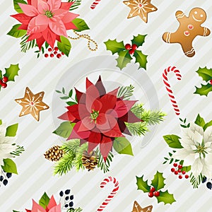 Christmas Winter Poinsettia Flowers Seamless Background, Floral Pattern Print in vector.