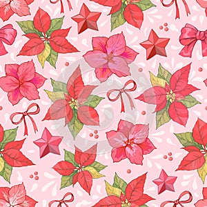 Christmas Winter Poinsettia Flowers Seamless Background, Floral Pattern Print in vector