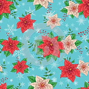 Christmas Winter Poinsettia Flowers Seamless Background, Floral Pattern Print in vector