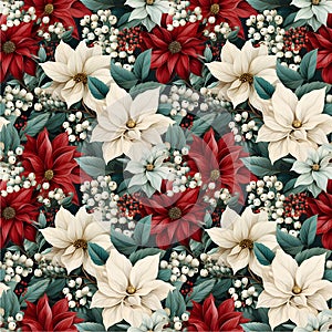 Christmas Winter Poinsettia Flowers Seamless Background, Floral Pattern, watercolor, 0