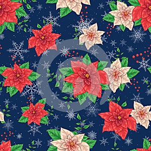 Christmas Winter Poinsettia Flowers Seamless pattern, Floral Pattern Print in vector