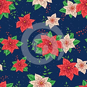 Christmas Winter Poinsettia Flowers Seamless pattern, Floral Pattern Print in vector